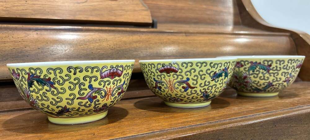 3 Chinese Famille Rose Yellow Porcelain Bowls